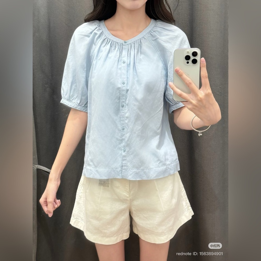 Uniqlo linen blend volume sleeve Blouse